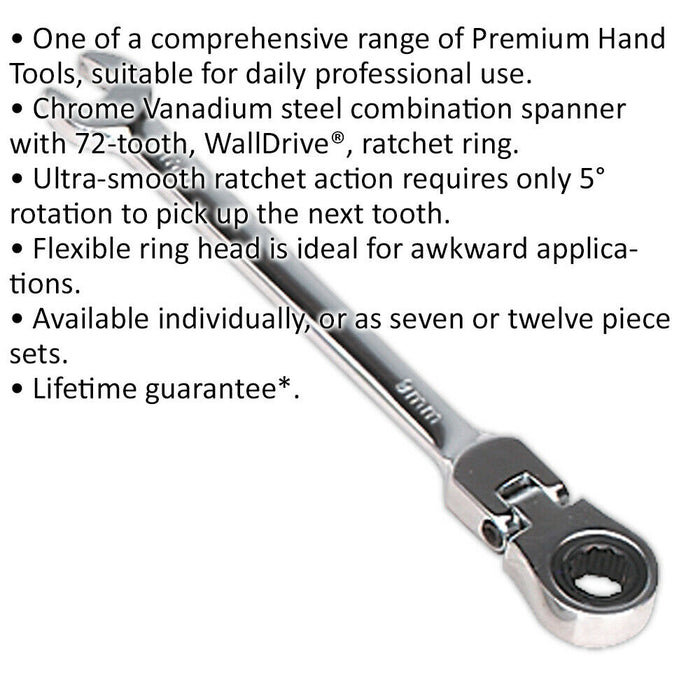 8mm Flexible Ratchet Combination Spanner - Flexible Ring Head - Chrome Vanadium Loops
