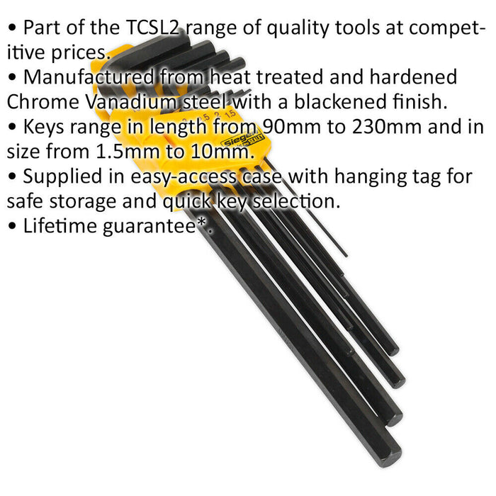 9 Piece Extra-Long Hex Key Set - 90mm to 230mm Length - 1.5mm to 10mm Size Loops