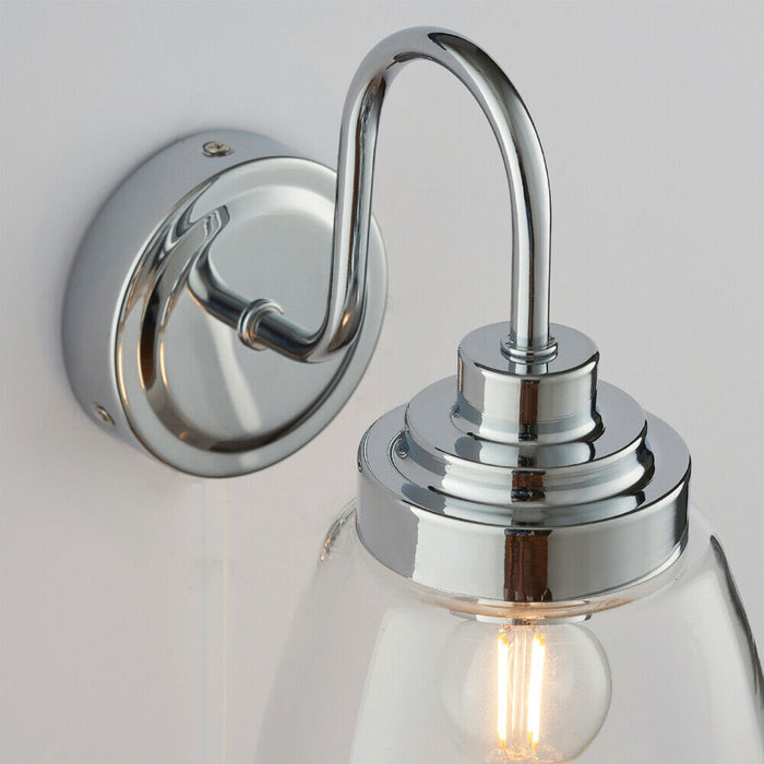 2 PACK IP44 Bathroom Wall Light Chrome & Domed Clear Glass Curved Arm Oval Lamp Loops