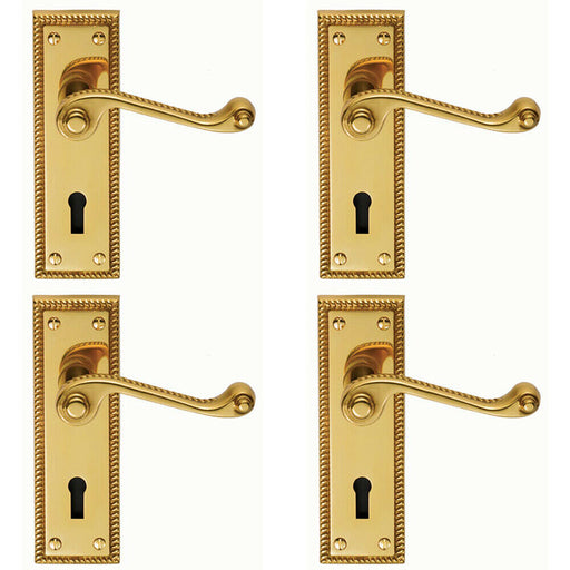 4x PAIR Reeded Design Scroll Handle on Lock Backplate 150 x 48mm Polished Brass Loops