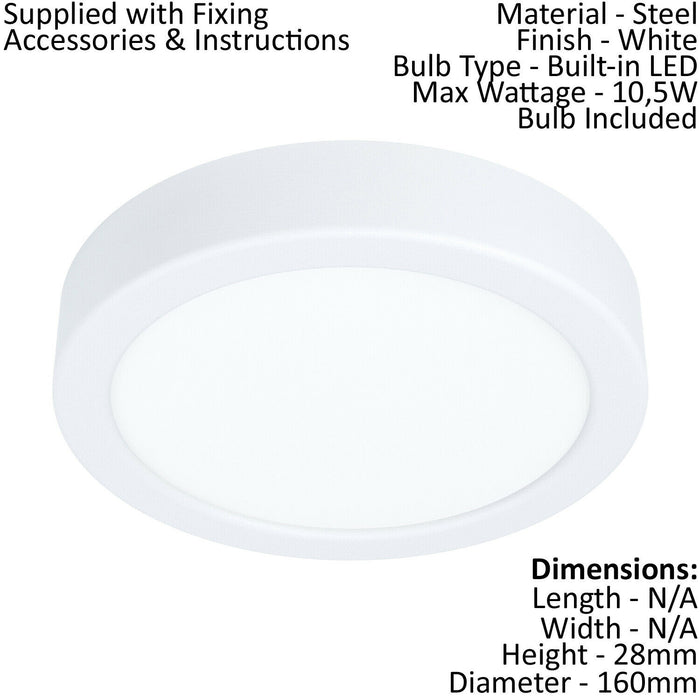 Wall / Ceiling Light White 160mm Round Surface Mounted 10.5W LED 3000K Loops