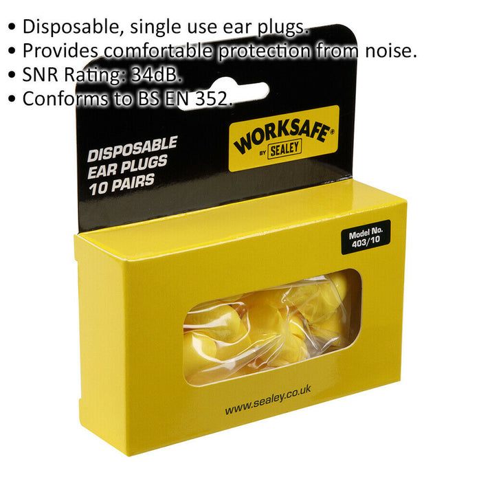 10 PAIRS Disposable Single Use Ear Plugs - Noise Protection - 34dB SNR Rating Loops