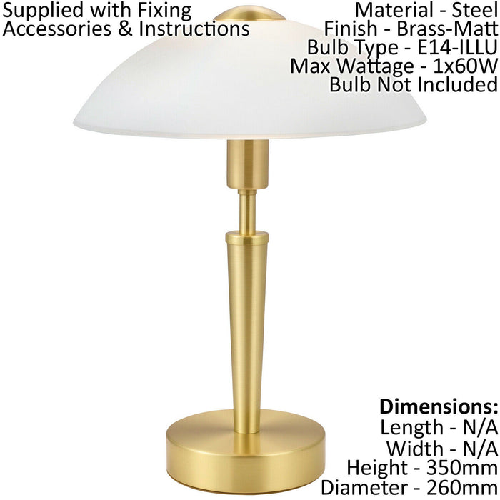 2 PACK Table Lamp Brass Matt Touch on & off Shade White Satinized Glass E14 60W Loops