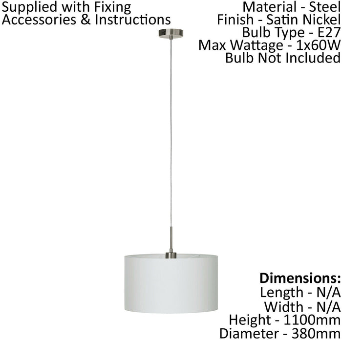 Pendant Light Colour Satin Nickel Steel Shade White Fabric Bulb E27 1x60W Loops