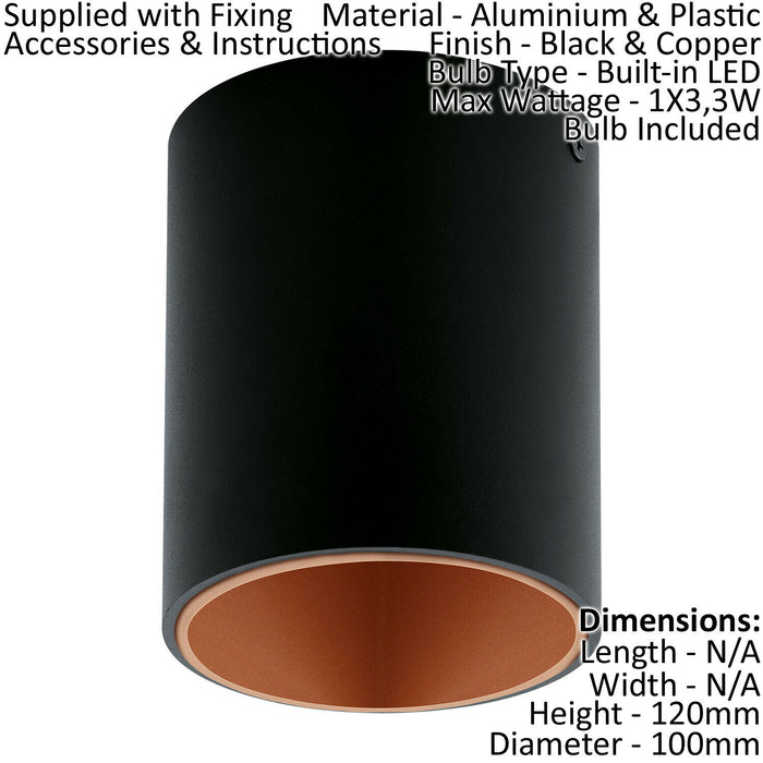 Wall / Ceiling Light Black & Copper Round Downlight 3.3W Built in LED Loops
