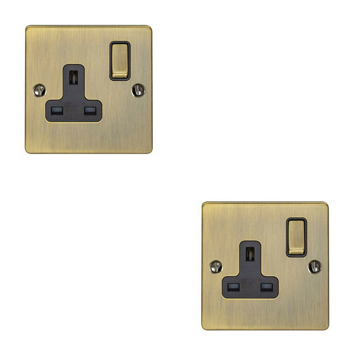 2 PACK 1 Gang Single UK Plug Socket ANTIQUE BRASS 13A Switched Power Outlet Loops