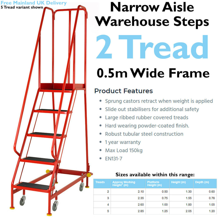 2 Tread x 0.5m Wide Narrow Aisle Warehouse Stairs 1.3m Non Slip Platform Steps Loops