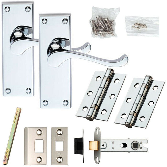 Door Handle & Latch Pack Chrome Victorian Scroll Lever Backplate 120 x 41mm Loops