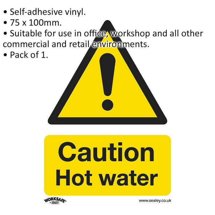 1x CAUTION HOT WATER Health & Safety Sign Self Adhesive 75 x 100mm Sticker Loops