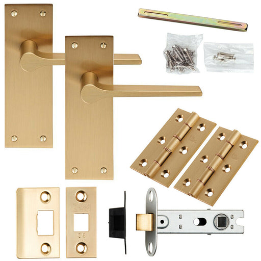 Door Handle & Latch Pack Satin Brass Rounded Flat Bar Lever Slim Backplate Loops