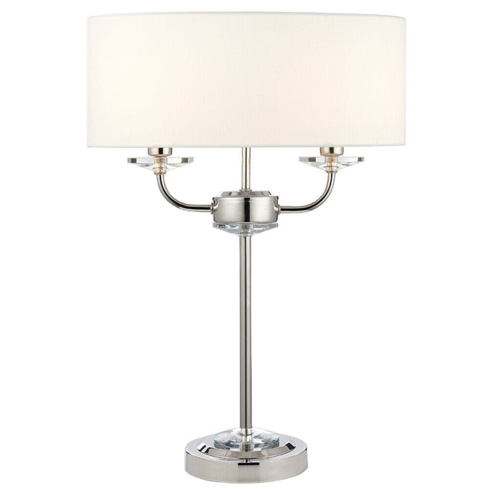 Twin Light Table Lamp Bright Nickel & White Shade Crystal Trim Bedside Feature Loops