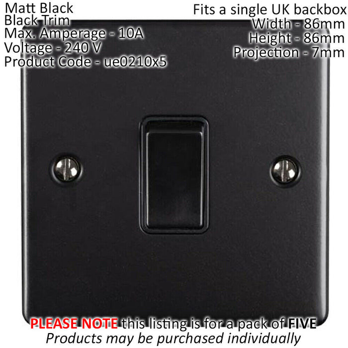 5 PACK 1 Gang Single Metal Light Switch MATT BLACK 2 Way 10A Black Trim Loops