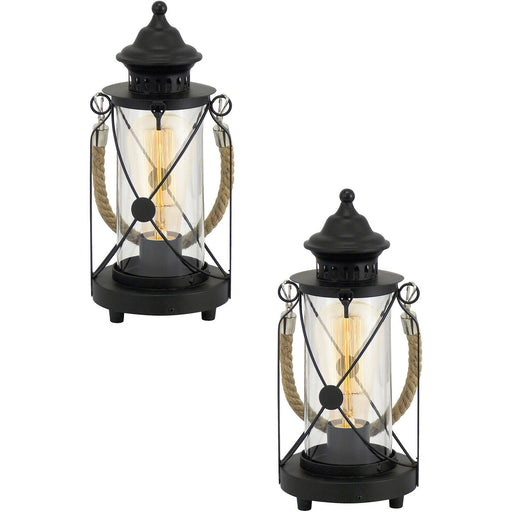 2 PACK Table Lamp Desk Light Black Steel & Glass Lantern Shade 1x 60W E27 Loops