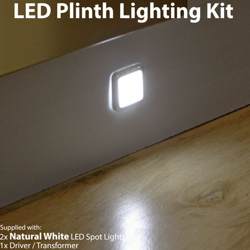 Square LED Plinth Light Kit 2 NATURAL WHITE Spotlights Kitchen Bathroom Panel Loops