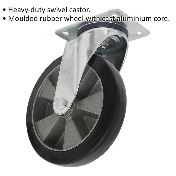 200mm Heavy Duty Swivel Castor Wheel - 50mm Tread - Rubber with Aluminium Core Loops