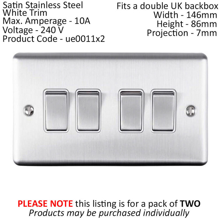 2 PACK 4 Gang Quad Metal Light Switch SATIN STEEL 2 Way 10A White Trim Loops