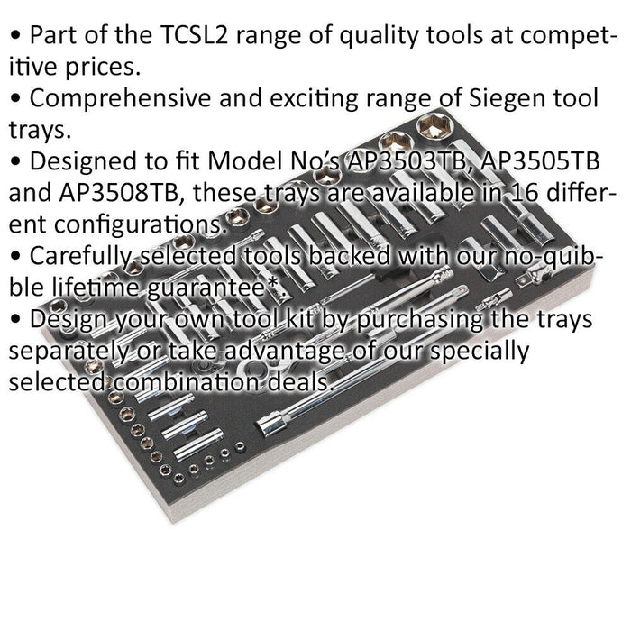 62 Piece 1/4" & 1/2" Sq Drive Socket Set with Tool Tray - Tool Box Tray Tidy Loops