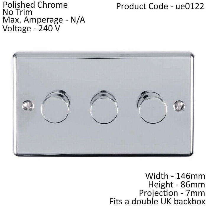 3 Gang 400W 2 Way Rotary Dimmer Switch CHROME Light Dimming Wall Plate Loops