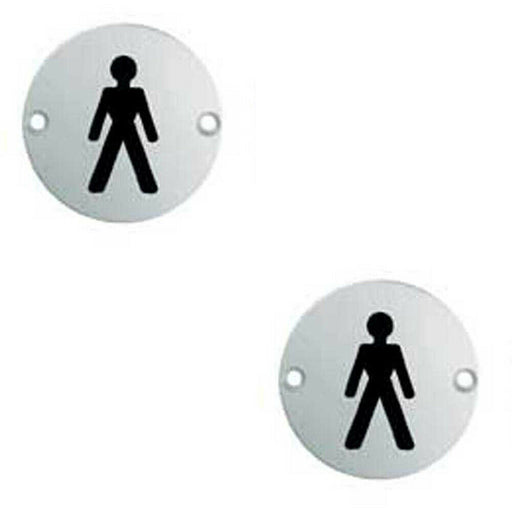 2x Bathroom Door Male Symbol Sign 64mm Fixing Centres 76mm Dia Polished Steel Loops