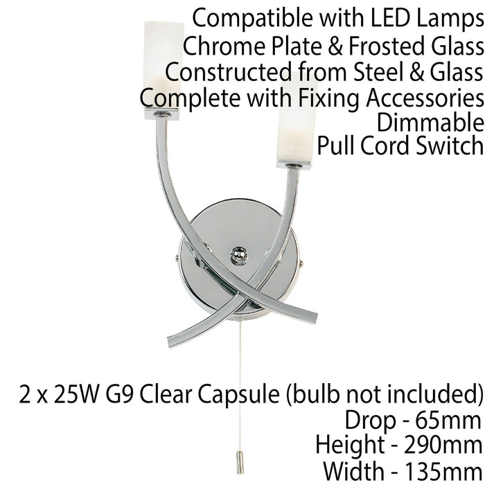 LED Twin Wall Light Modern Chrome Arm & Frosted Oblong Glass Shade Lamp Lighting Loops