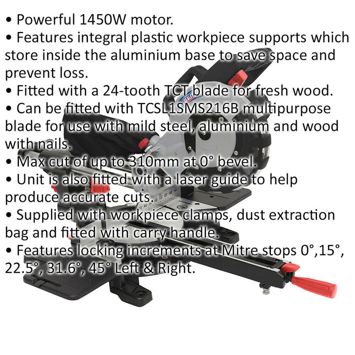 Sliding Compound Mitre Saw with 216mm 24 Tooth TCT Blade - 1450W Motor Loops