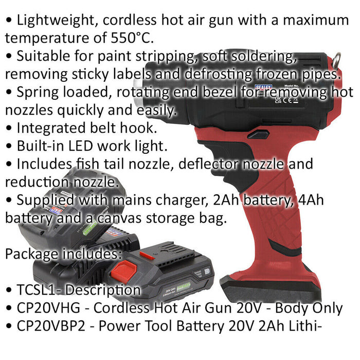 20V Cordless Hot Air Gun Kit - Includes 2 x Batteries & Charger - Storage Bag Loops