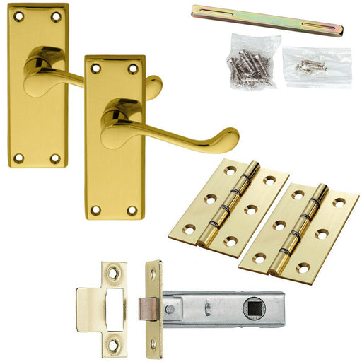 Door Handle & Latch Pack Brass Victorian Scroll Bar Curved Short Backplate Loops