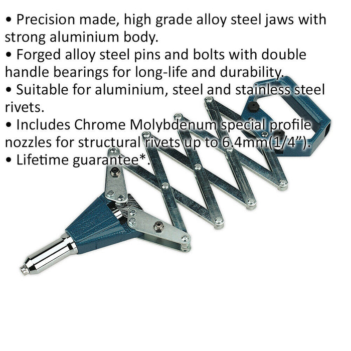 Professional Lazy Tong Riveter - Adjustable Nozzle Concertina Ratchet Rivet Gun Loops