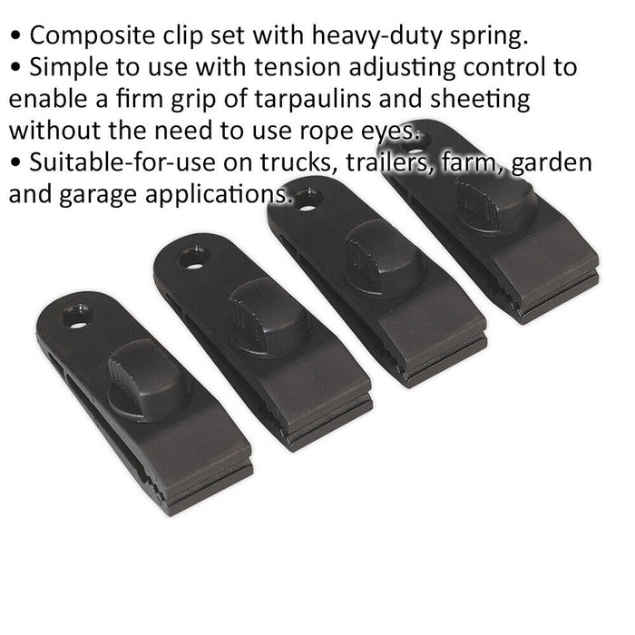 4 PACK Tarpaulin Clip Set - Heavy-Duty Spring Clip - Cover Sheet Clip Eyelet Loops