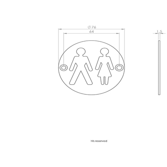 Bathroom Door Unisex Symbol Sign 64mm Fixing Centres 76mm Dia Polished Steel Loops
