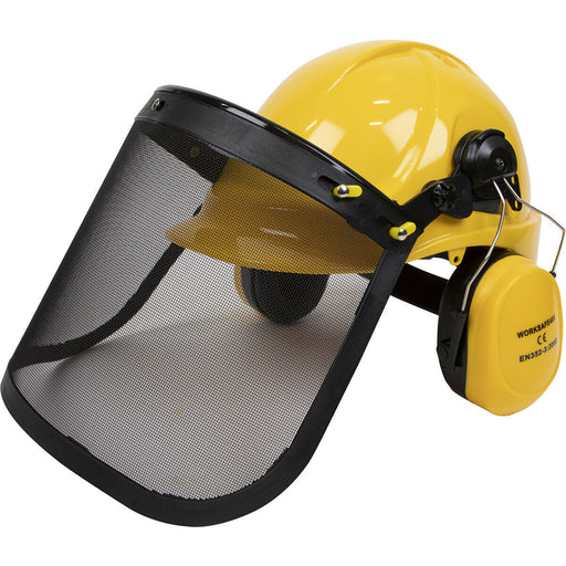 Forestry Helmet with Face & Ear Protection - Mesh Visor & Clip on Ear Defenders Loops