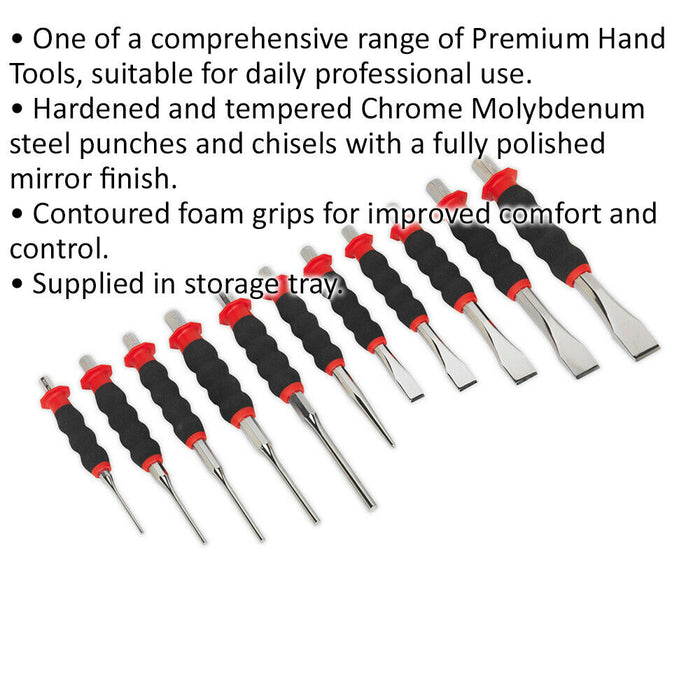 11 Piece Sheathed Punch & Chisel Set - Hardened & Tempered - Contoured Foam Grip Loops