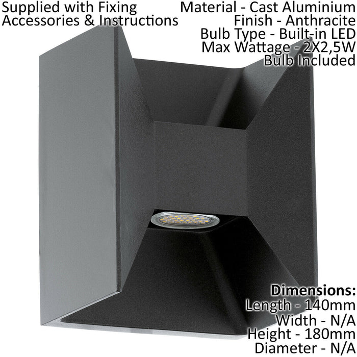 IP44 Outdoor Up / Down Wall Light Anthracite Aluminium 2.5W Built in LED Lamp Loops