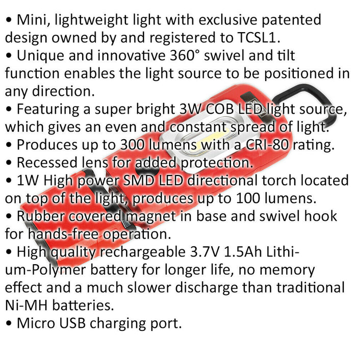 Lightweight Swivel Inspection Light - 3W COB & 1W SMD LED - Rechargeable - Red Loops
