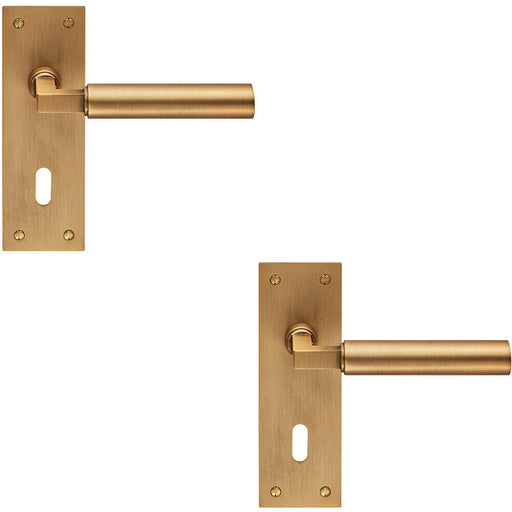2x PAIR Round Bar Handle on Slim Lock Backplate 150 x 50mm Antique Brass Loops