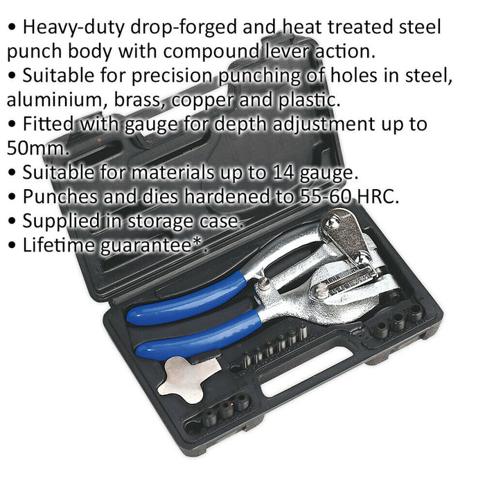 14 Piece Heavy Duty Metal Punch Set - Drop Forged Steel - Compound Lever Action Loops