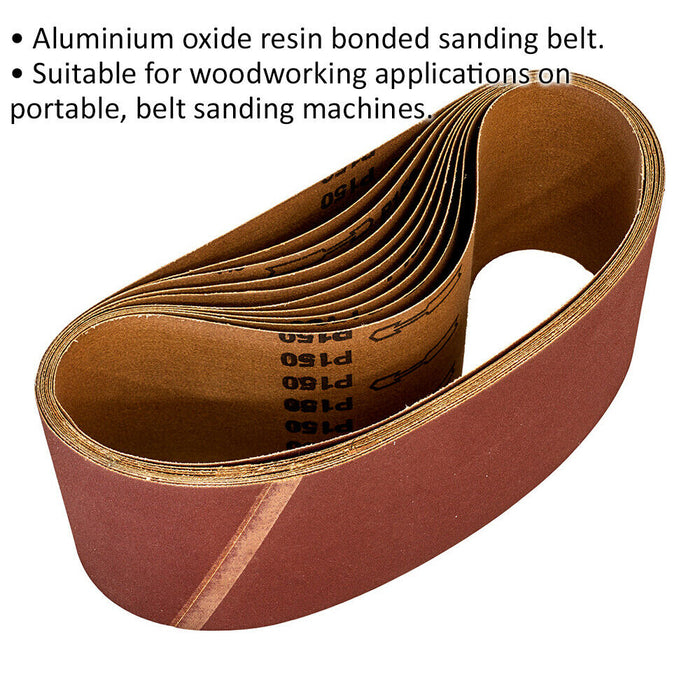 10 PACK - 100mm x 620mm Sanding Belts - 150 Grit Aluminium Oxide Cloth Backed Loops