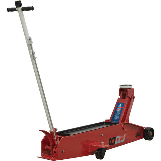 Heavy Duty Long Reach Trolley Jack - 10 Tonne Capacity - 600mm Max Height - Red Loops