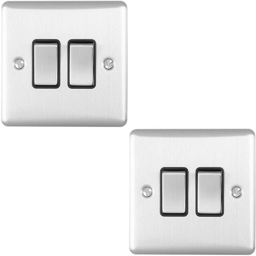 2 PACK 2 Gang Double Metal Light Switch SATIN STEEL 2 Way 10A Black Trim Loops
