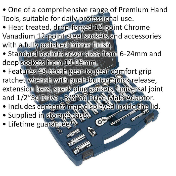 34pc PREMIUM Deep Socket & Ratchet Handle Set 3/8" Square Drive 12 Point Metric Loops