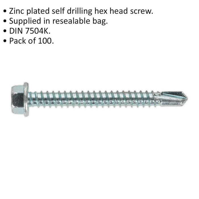 100 PACK 5.5 x 50mm Self Drilling Hex Head Screw - Zinc Plated Fixings Screw Loops