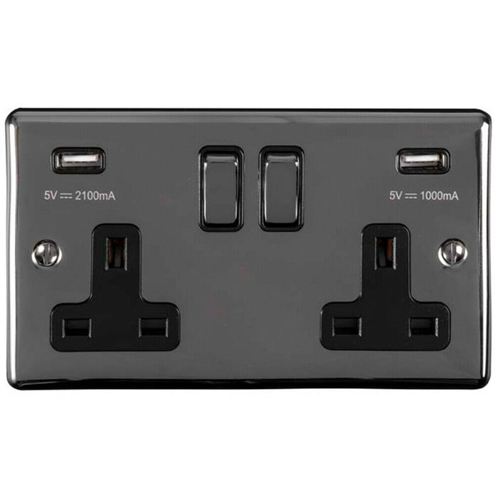 2 PACK 2 Gang Single UK Plug Socket & 2.1A USB BLACK NICKEL & Black 13A Switched Loops
