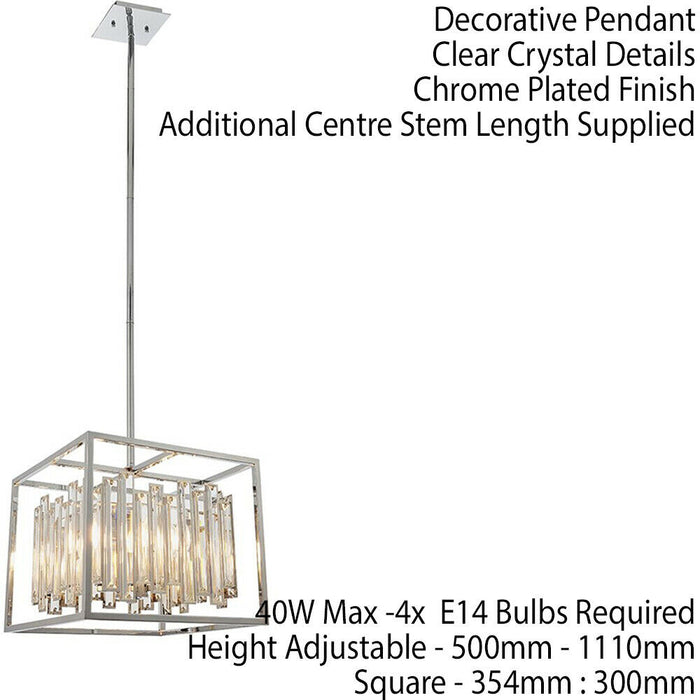 Hanging Ceiling Pendant Light Chrome & Crystal Gorgeous Modern Square Box Shade Loops