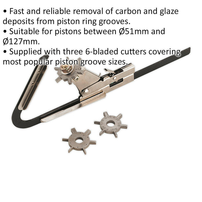 Piston Ring Groove Cleaner - Suits 51 to 127mm Pistons - Three 6-Bladed Cutters Loops