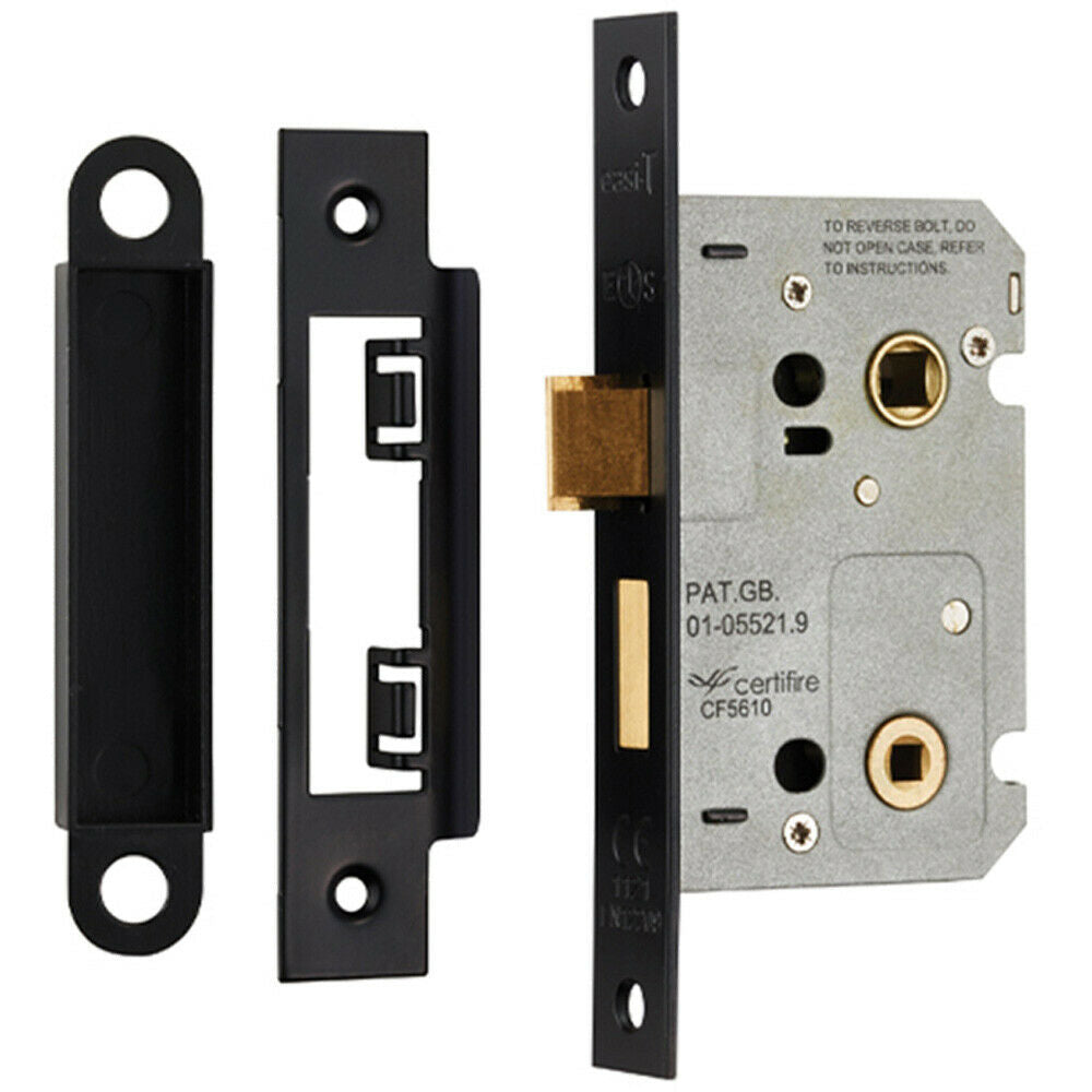 Locking Bathroom Door Sashlock Latch Square Forend 64mm Matt Black Loops