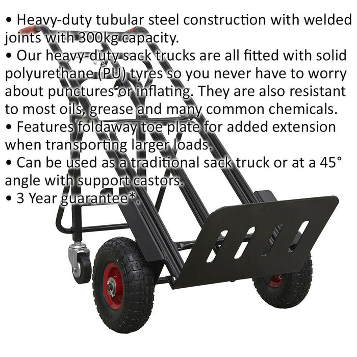 300kg Heavy Duty 3 in 1 Sack Truck & Solid PU Tyres - 45° Support Trolley Legs Loops