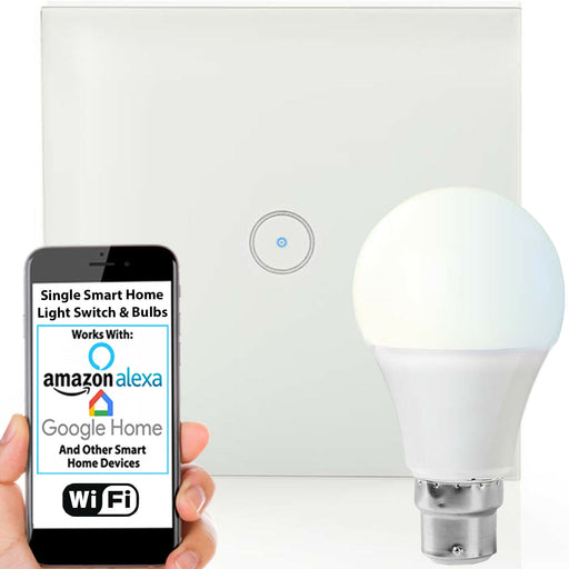 WiFi Light Switch & Bulb 1x 10W B22 Cool White Lamp & Single Wireless Wall Plate Loops