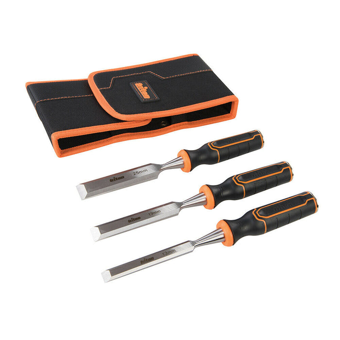 PREMIUM 3 Piece Wood Chisel Set Hardened Steel XL Striking Cap & Through Tang Loops