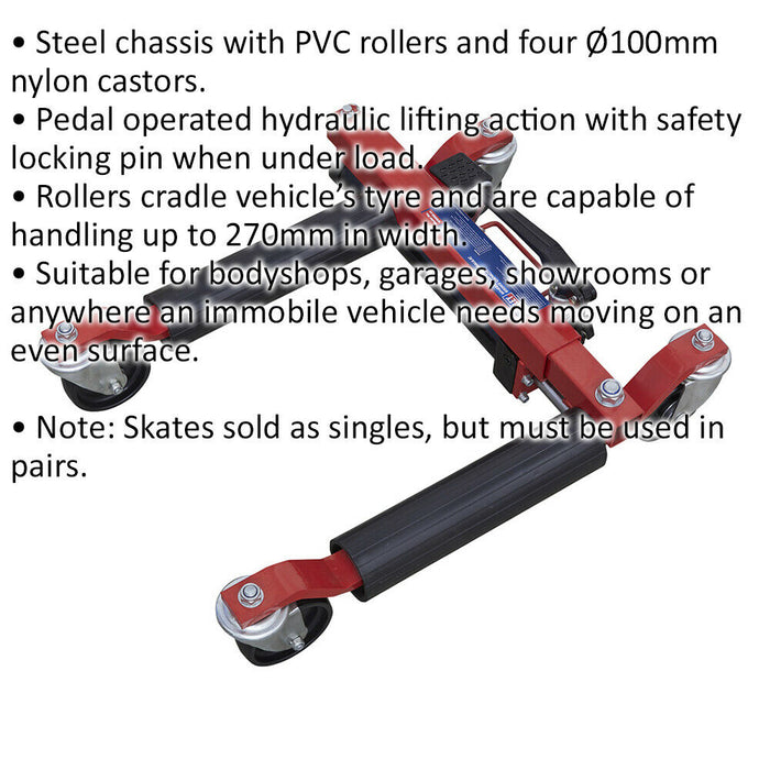 Hydraulic Wheel Skate - 650kg Capacity - 4 x 100mm Castors - Pedal Operated Loops