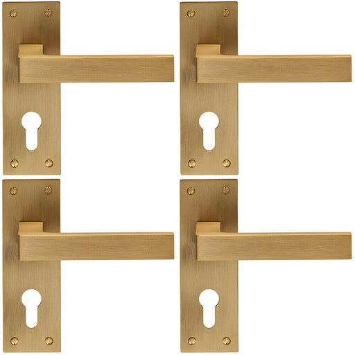 4x PAIR Straight Square Handle on Euro Lock Backplate 150 x 50mm Antique Brass Loops